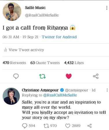 Rihanna contacts 17-year-old Nigerian Hawker Salle