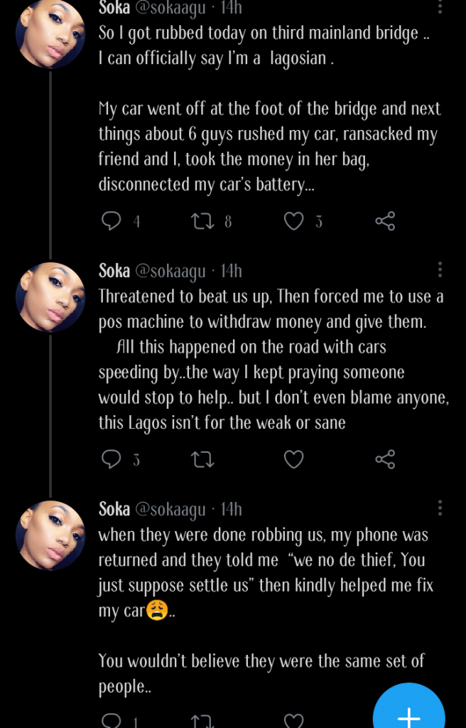 Lady narrates how hoodlums who robbed her helped in fixing her car after the operation in Lagos 